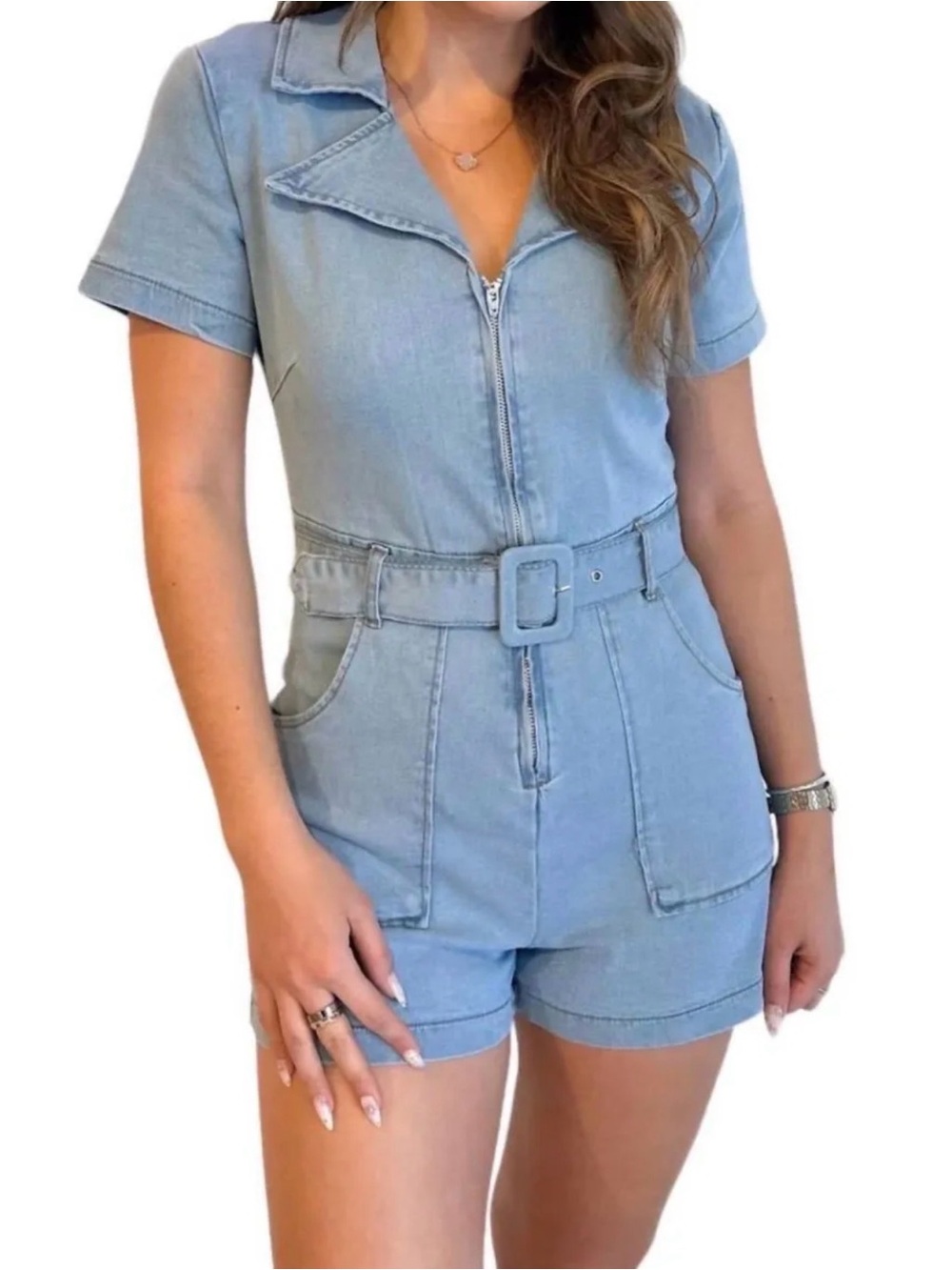 Light Blue Denim Romper with Belt - Women Jeans